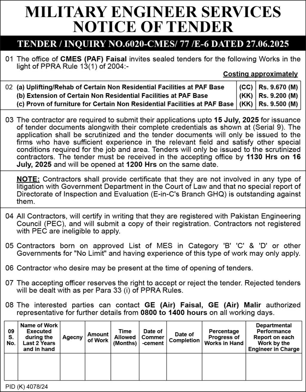 Military Engineering Services Tender Notice